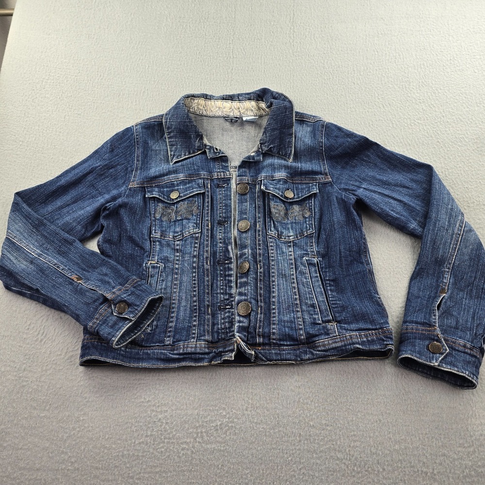 MS Mode Cropped Trucker Jacket Womens 40 Blue Denim Stretch Embroidery Casual